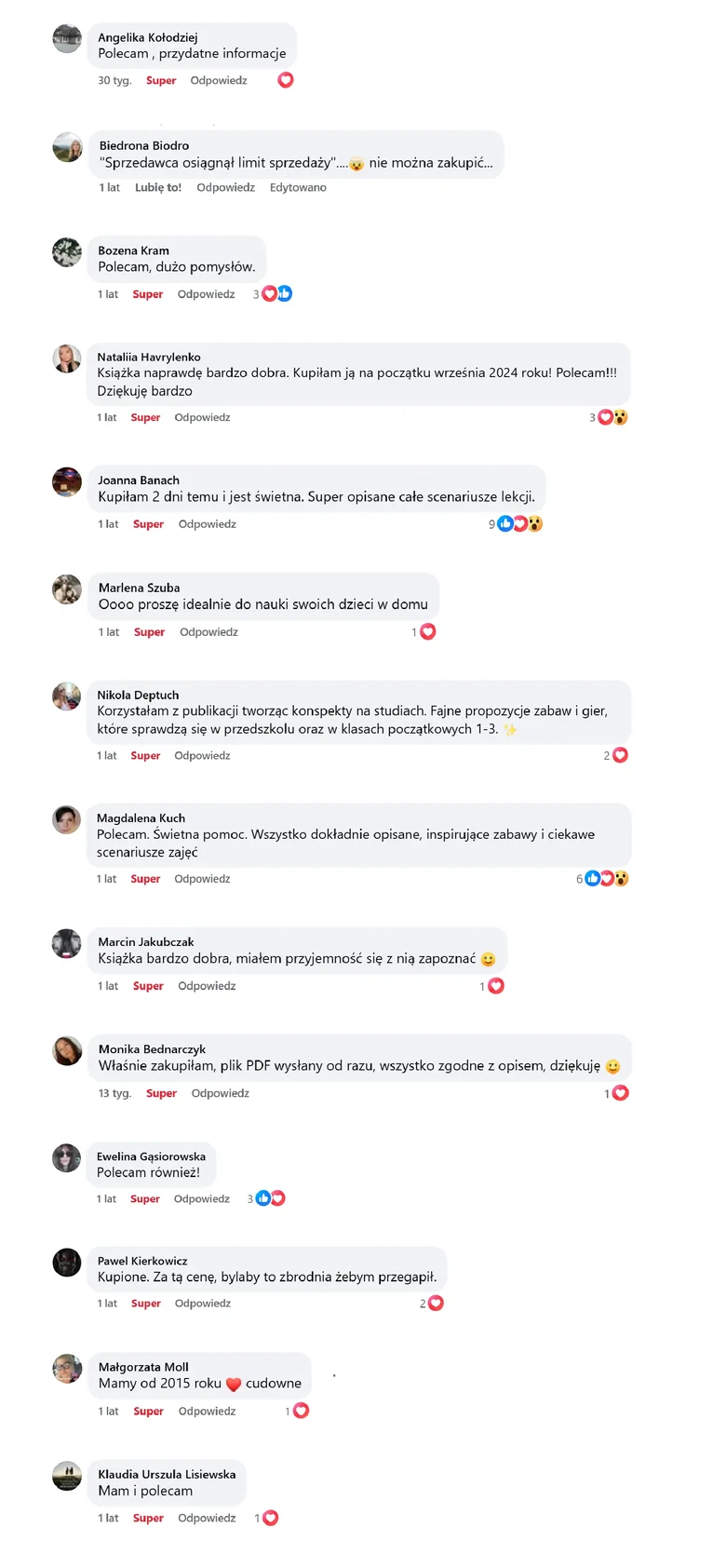 Komentarze nauczycielek z Facebooka polecające książkę Angielski dla Przedszkolaków