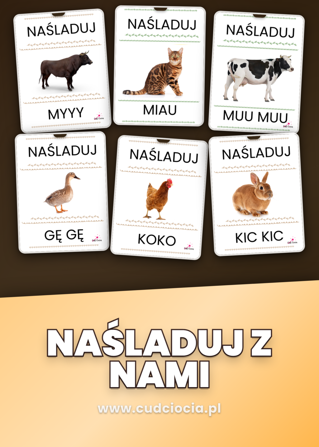 Zwierzęta Udomowione — Karty NAŚLADUJ Z NAMI (21 Onomatopei, PDF)