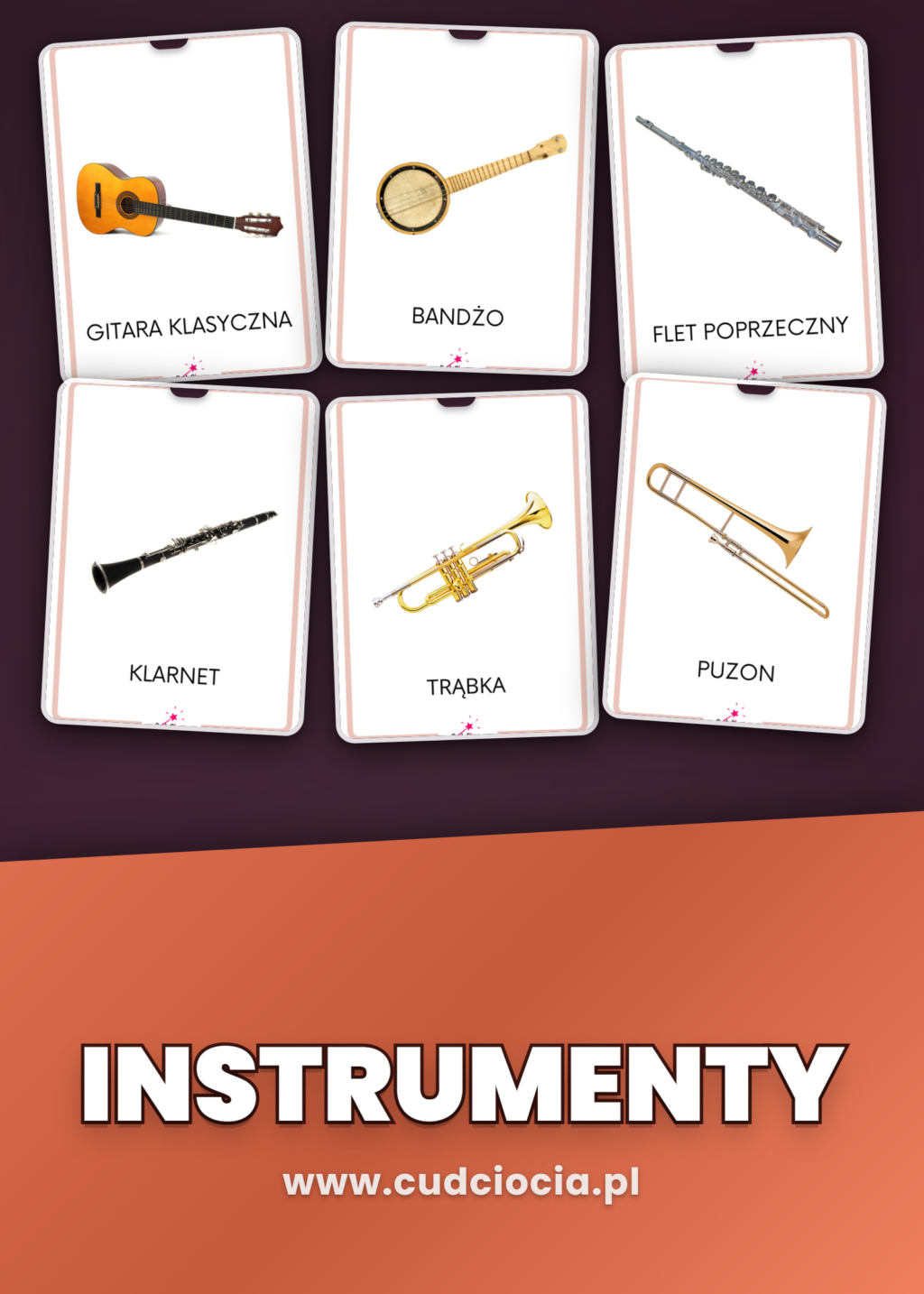 Instrumenty Muzyczne – Karty Dydaktyczne PL (22 Strony, 21 Instrumentów)