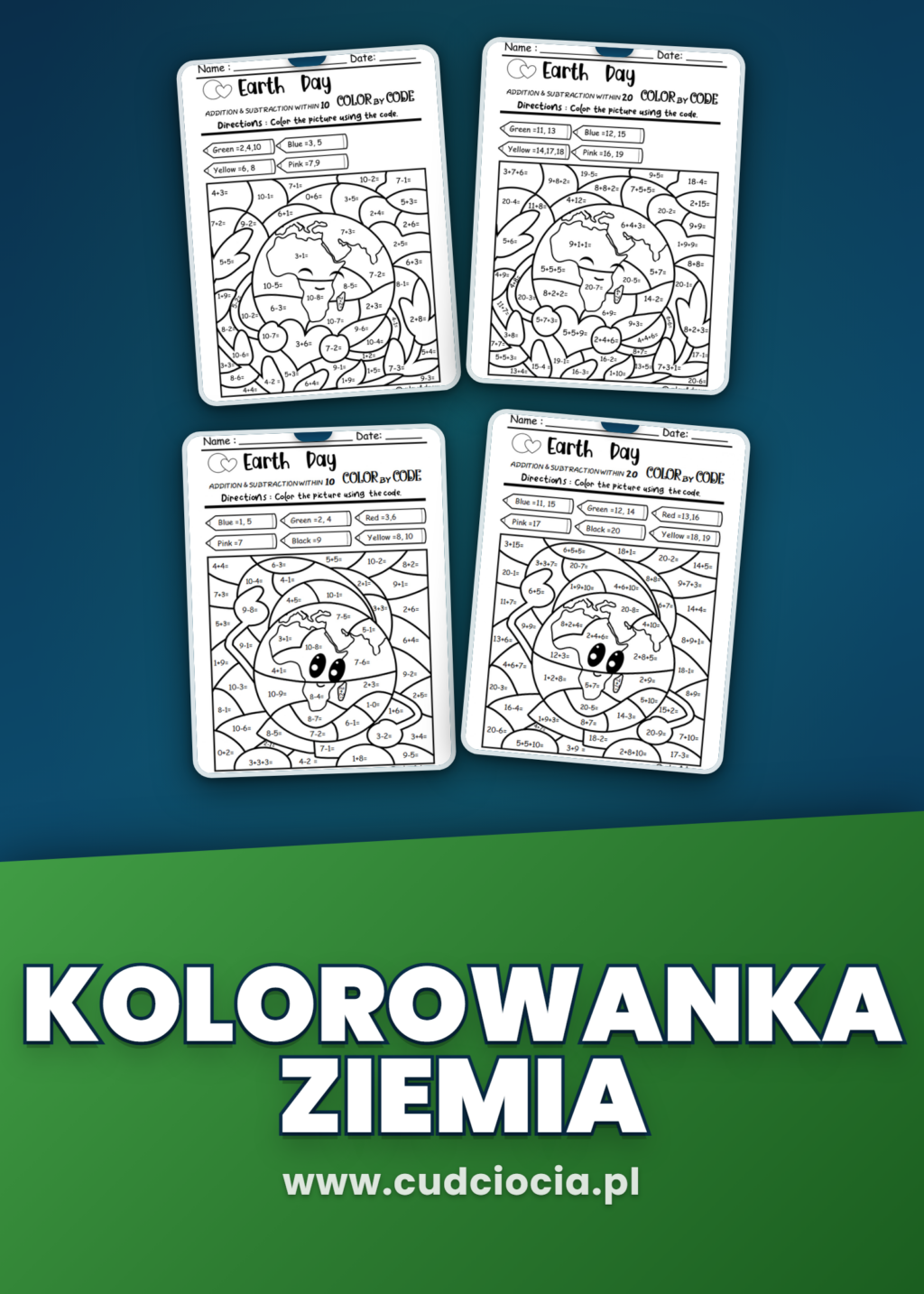 Kolorowanka Ziemia — Dodawanie i Odejmowanie do 20 (Color by Code, 4 karty)