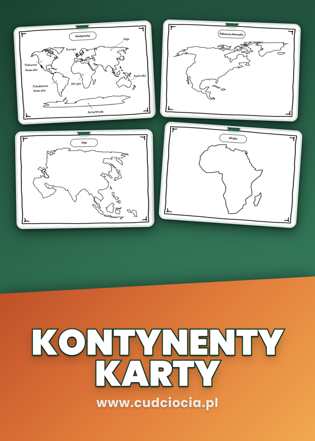 Kontynenty i Oceany — Karty Dydaktyczne PL (11 Konturowych Kart do Druku)