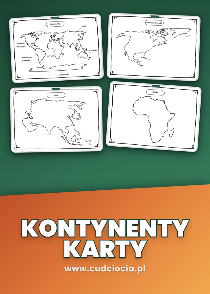 Kontynenty i Oceany — Karty Dydaktyczne PL (11 Konturowych Kart do Druku)