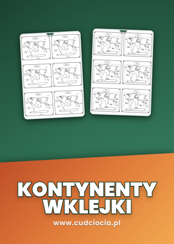Kontynenty Oceany Wklejki PL — Mini-Mapy Świata do Wycinania i Wklejania (3 Strony)