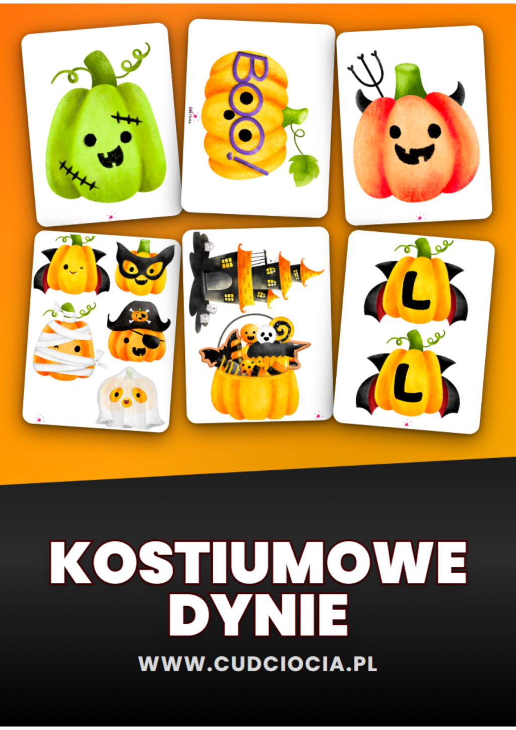 Dynie Kostiumowe HALLOWEEN — 8 Postaci do Druku, Litery BOO i Girlandy (41 stron)