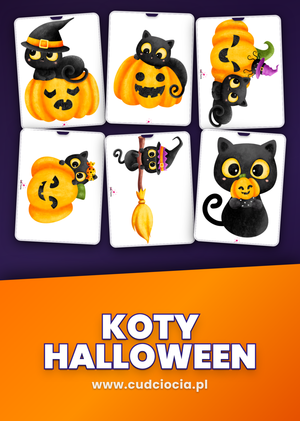 Koty Halloween — Dekoracje z Czarnymi Kotkami (45 stron, ozdoby dwustronne)