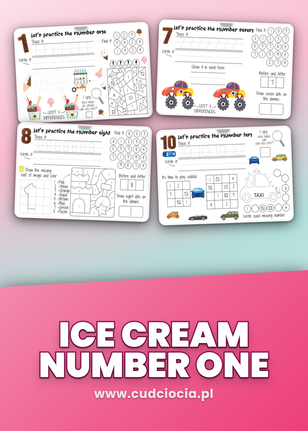 Liczby po Angielsku Karty Pracy — Let's Practice Numbers (Ice Cream, 1–10)