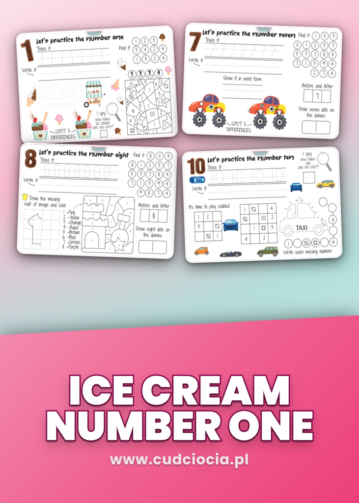 Liczby po Angielsku Karty Pracy — Let's Practice Numbers (Ice Cream, 1–10)