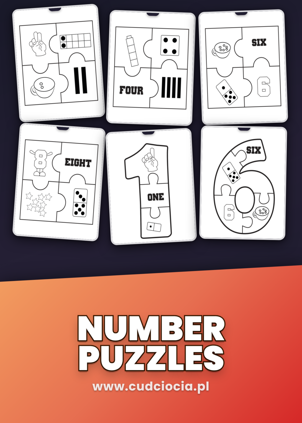 Number Puzzles — Puzzle Matematyczne dla Dzieci, Liczby 1-10 po Angielsku (PDF, 21 stron)