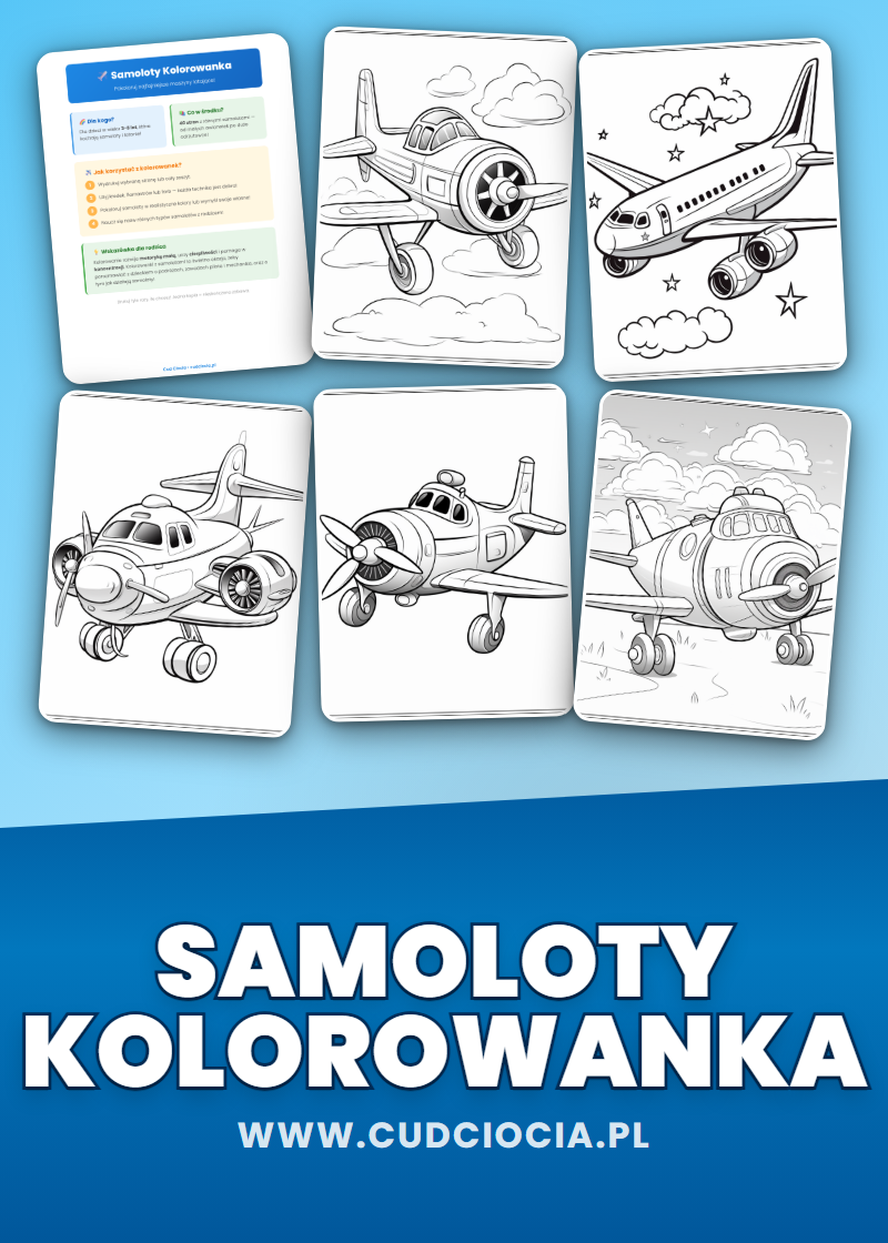 Samoloty Kolorowanka — 43 Strony PDF do Druku dla Dzieci