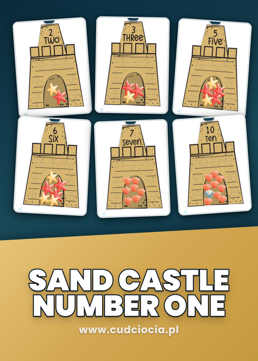 Sand Castle 1-10 — Letnie Wycinanki z Liczbami po Angielsku (10 Kart)