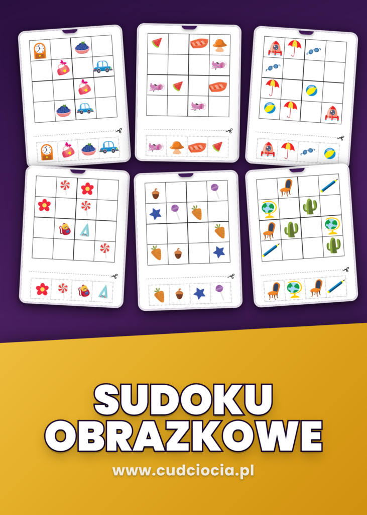 Sudoku Obrazkowe dla Dzieci — 13 Plansz 4×4 (14 Stron PDF)