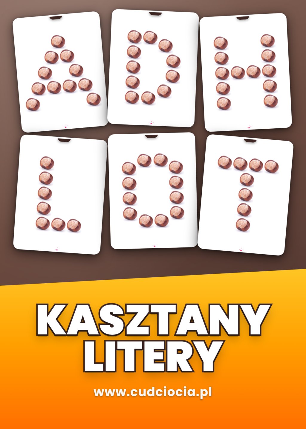 Kasztanowa Układanka Litery – Alfabet z Kasztanów do Układania (23 karty)