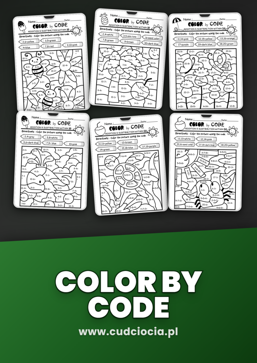 Color by Code Matematyka — Kolorowanka Dodawanie i Odejmowanie po Angielsku (20 Kart)