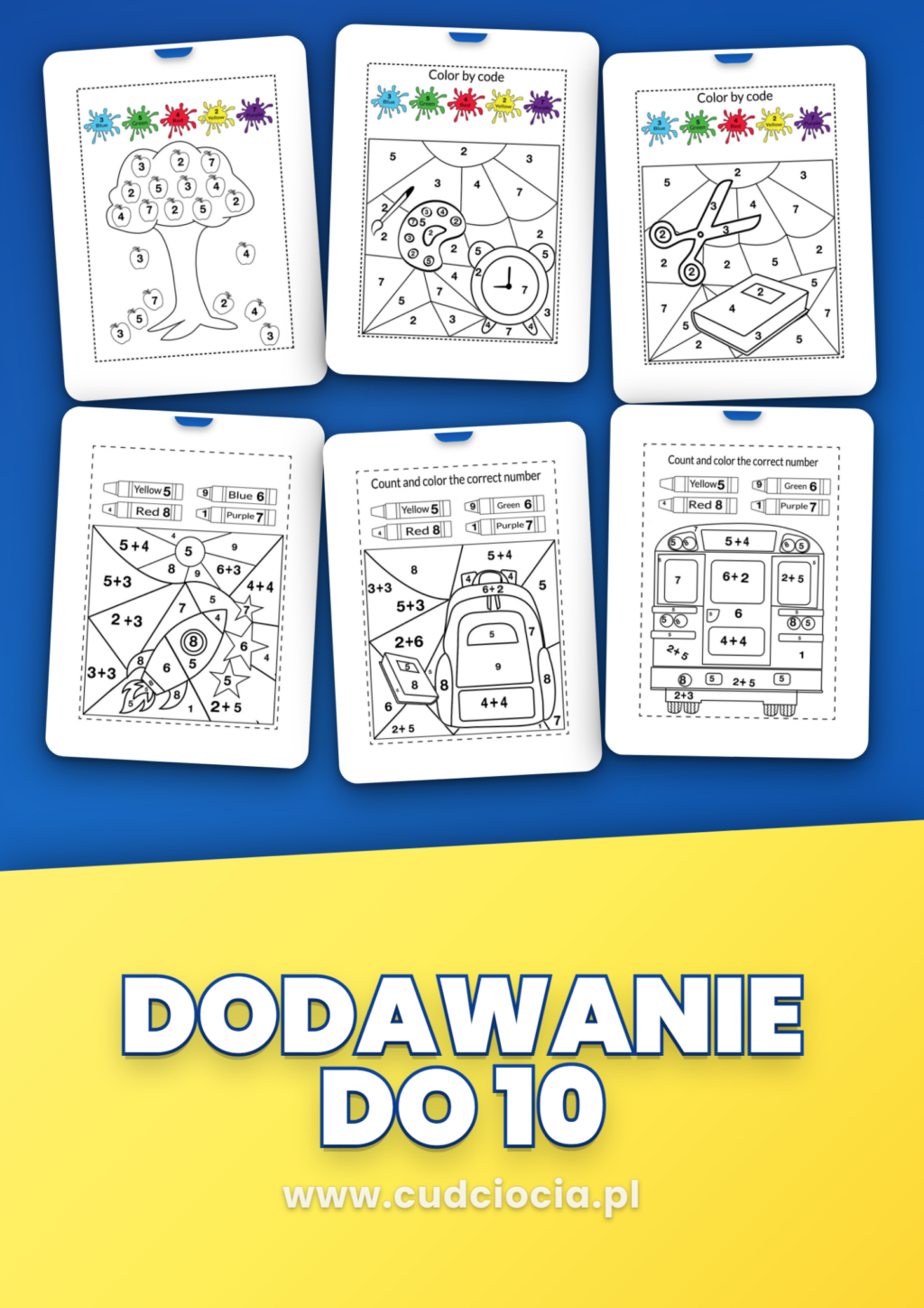 Dodawanie do 10 + Kolory po Angielsku — Kolorowanka Matematyczna