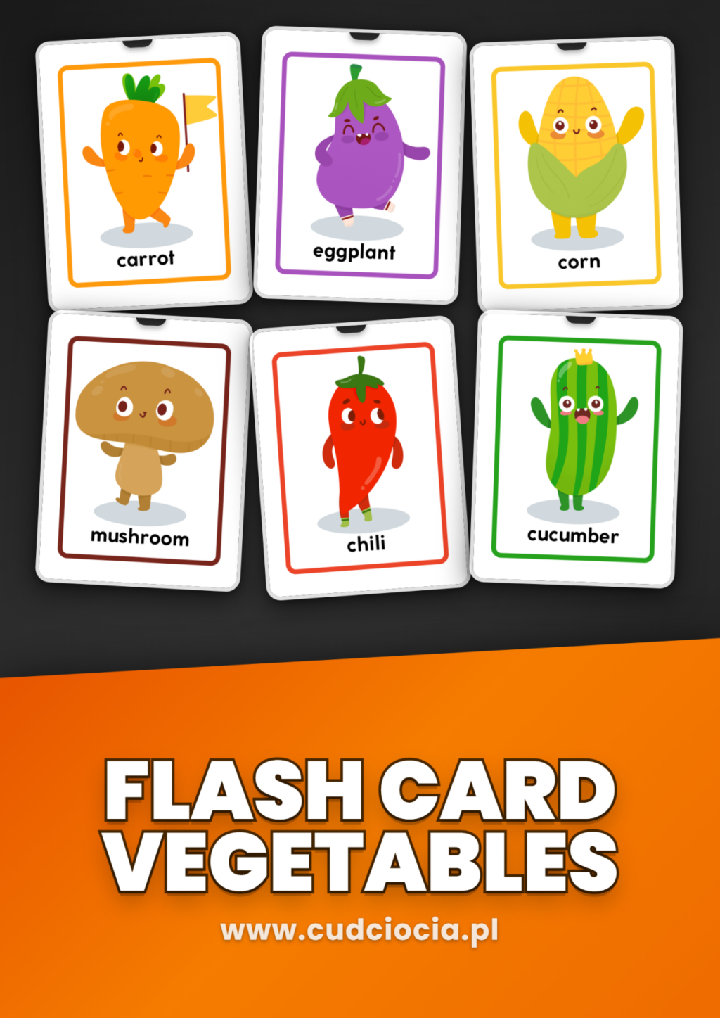 Warzywa Karty Pracy Kawaii — Flashcards ANG (12 Warzyw)