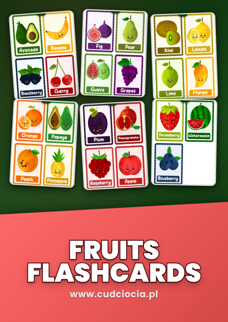 Owoce po Angielsku — Kawaii Watercolor Flashcards (24 Owoce)