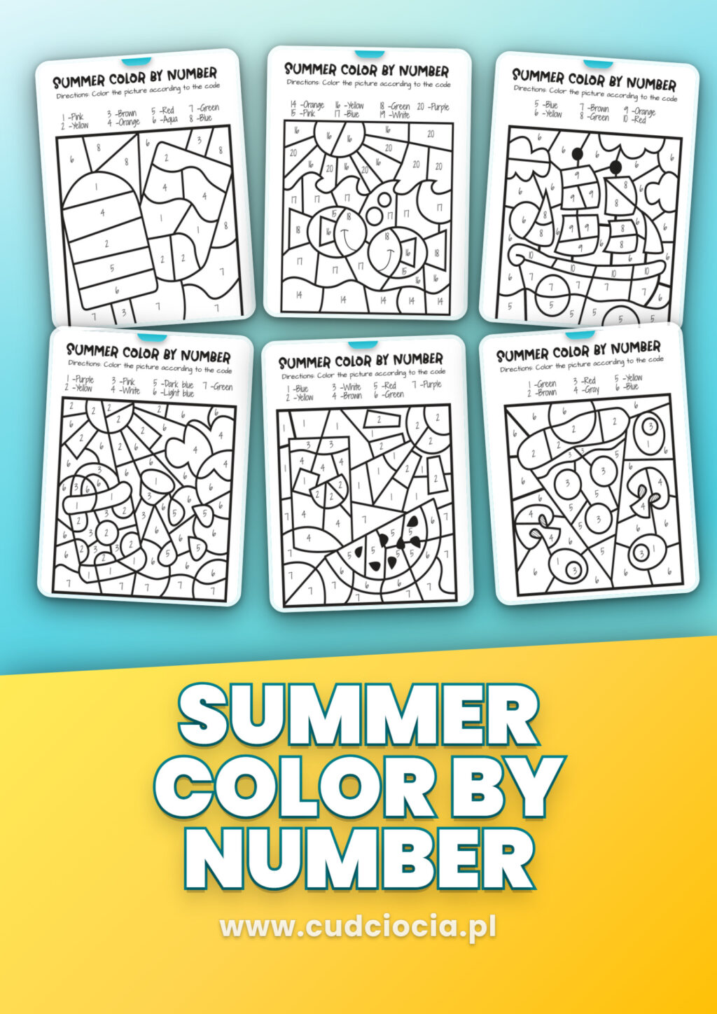 Kolorowanki Lato Color by Number — 10 Kart Matematycznych z Legendą po Angielsku (PDF)