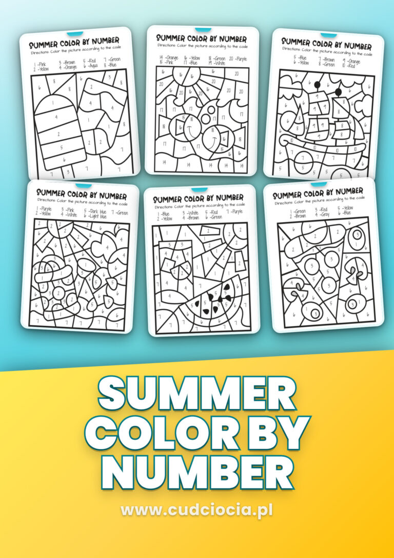 Kolorowanki Lato Color by Number — 10 Kart Matematycznych z Legendą po Angielsku