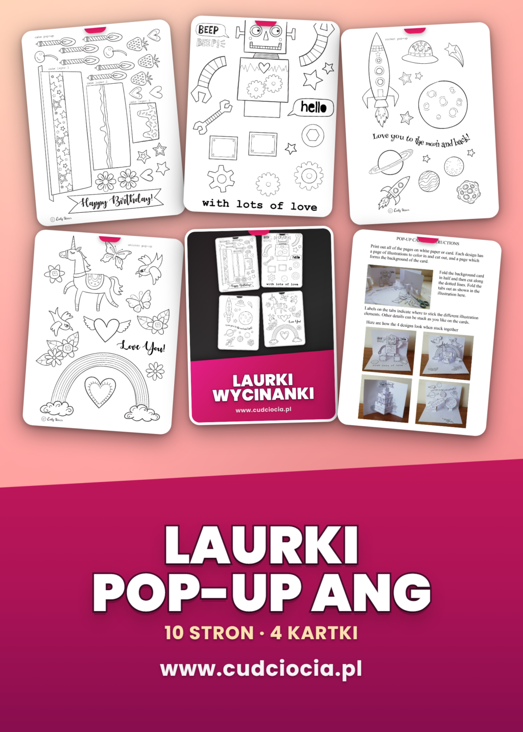 Laurki Pop-Up po Angielsku — 4 Wycinanki dla Dzieci do Druku