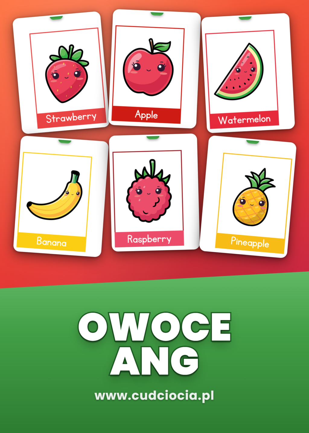 Owoce Mini Karty po Angielsku — Kawaii (20 Owoców, 5 Stron)