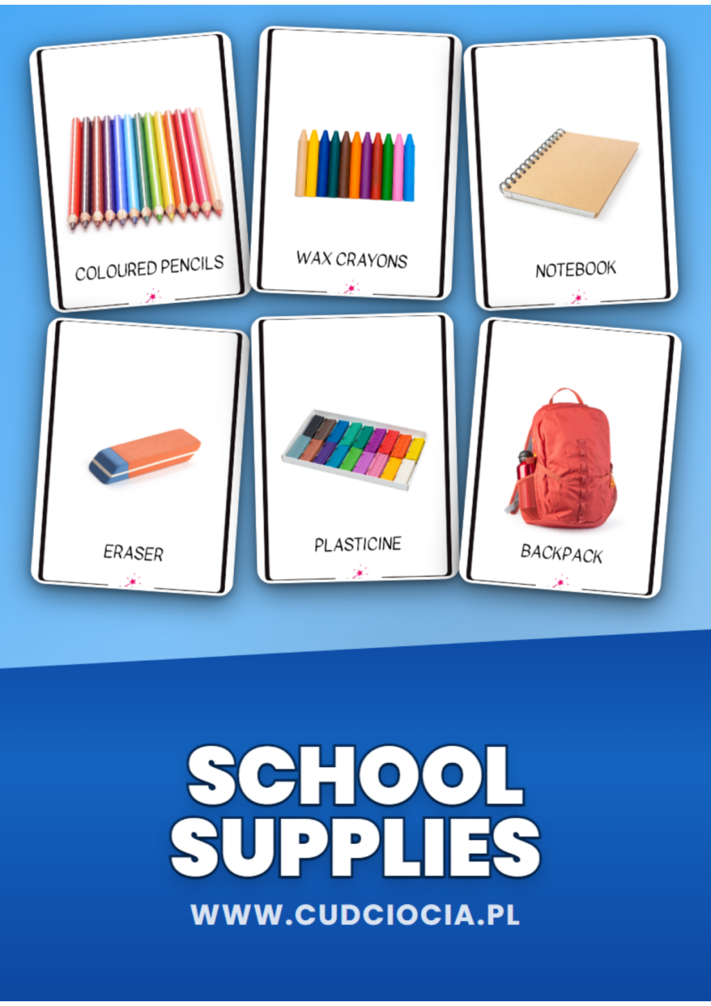 Przybory Szkolne ANG — Karty Prezentacyjne (17 Fotograficznych Fiszek)