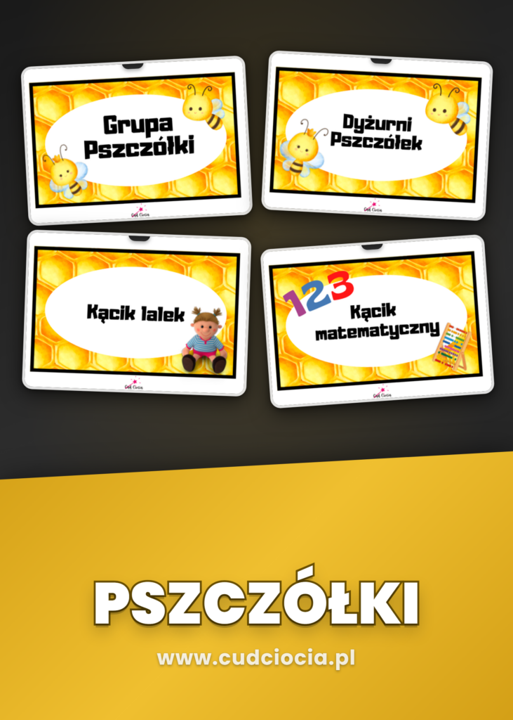 Pszczółki — Materiały dla Grupy Przedszkolnej (24 Oznaczenia Kącików, PDF A4)