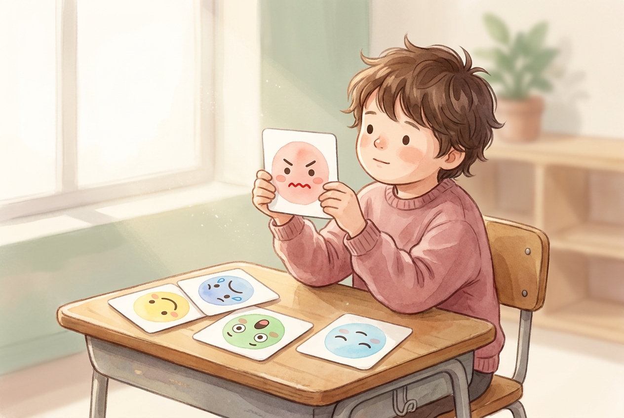 Dziecko ćwiczące rozpoznawanie emocji z kartą złości na zajęciach TUS