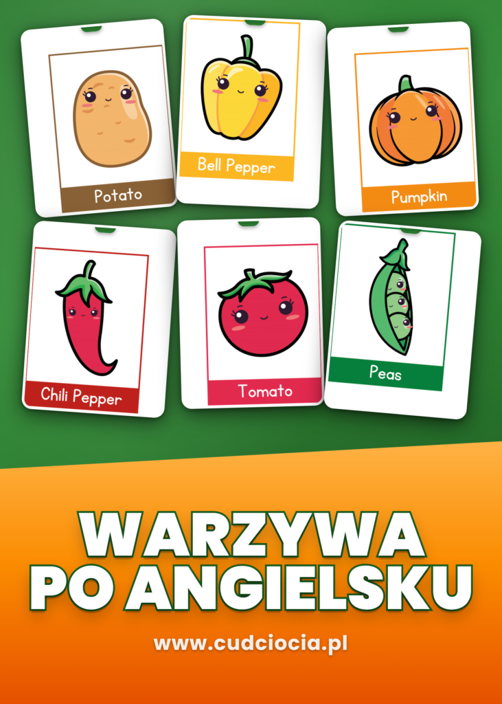 Warzywa Mini Karty po Angielsku — Kawaii (20 Warzyw, 5 Stron)