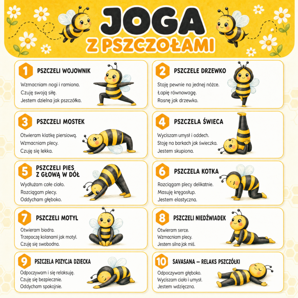 Joga z Pszczołami — Plakat z 10 Pozycjami Jogi dla Dzieci (Darmowy PDF)