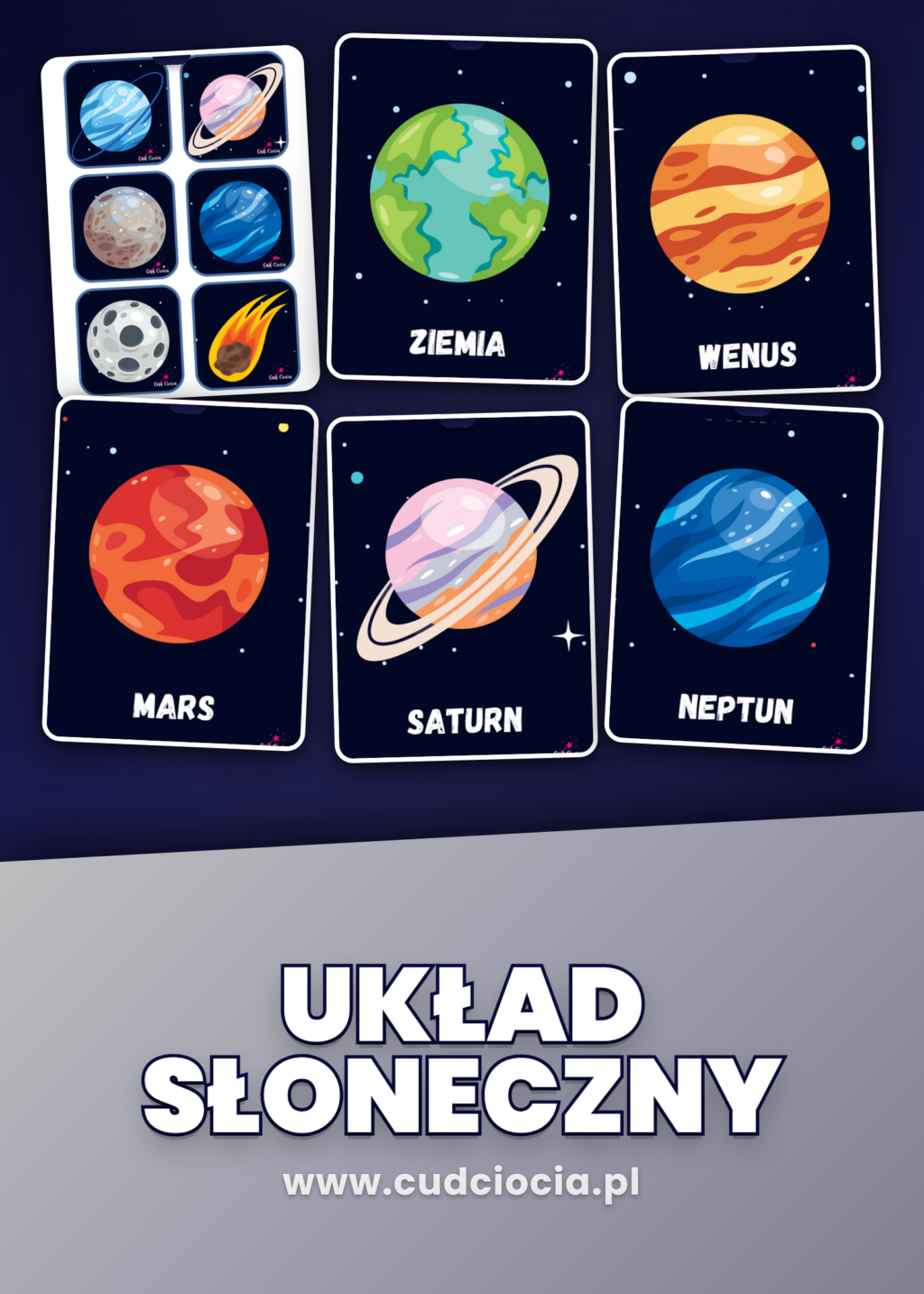 Układ Słoneczny karty dydaktyczne dla dzieci z Słońcem i 8 planetami