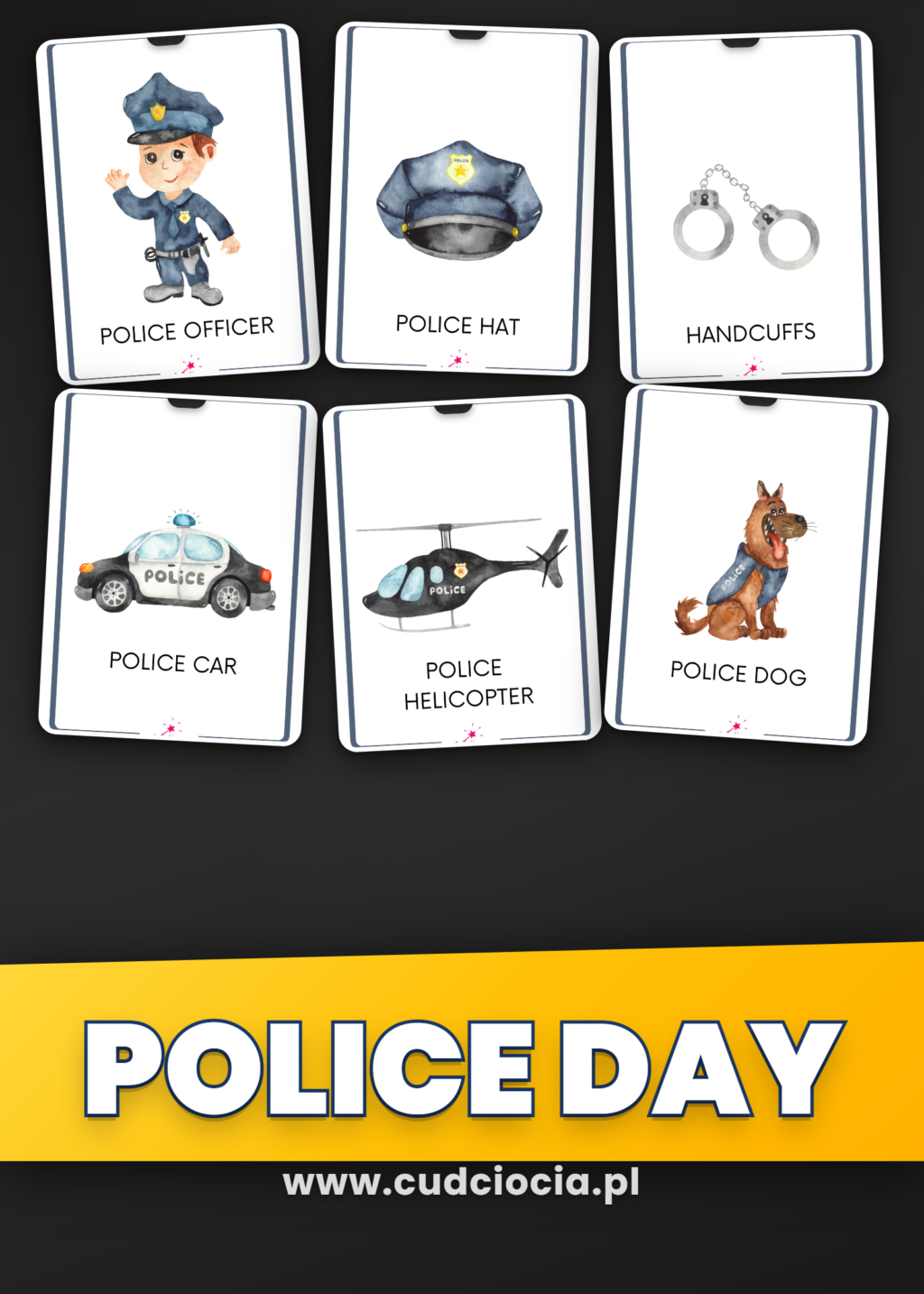 Dzień Policjanta po Angielsku — Karty Prezentacyjne + Karty Pracy ANG (42 Strony, A4 PDF)