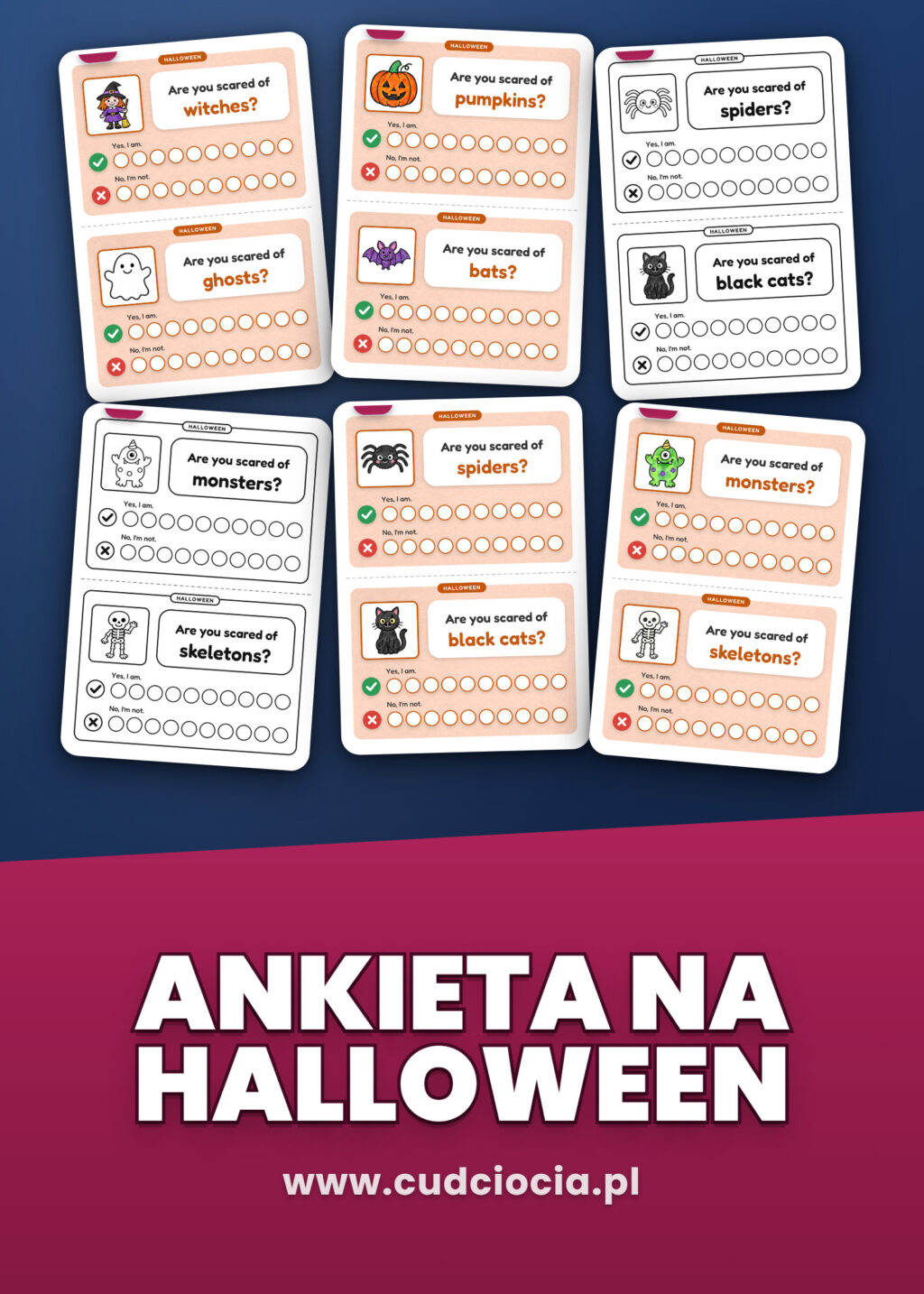 Ankieta na Halloween: 8 karteczek z pytaniem po angielsku (darmowy PDF)